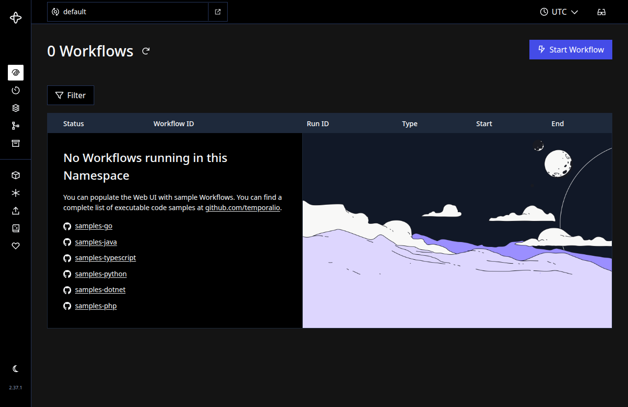 Default temporal web ui view without any workflows